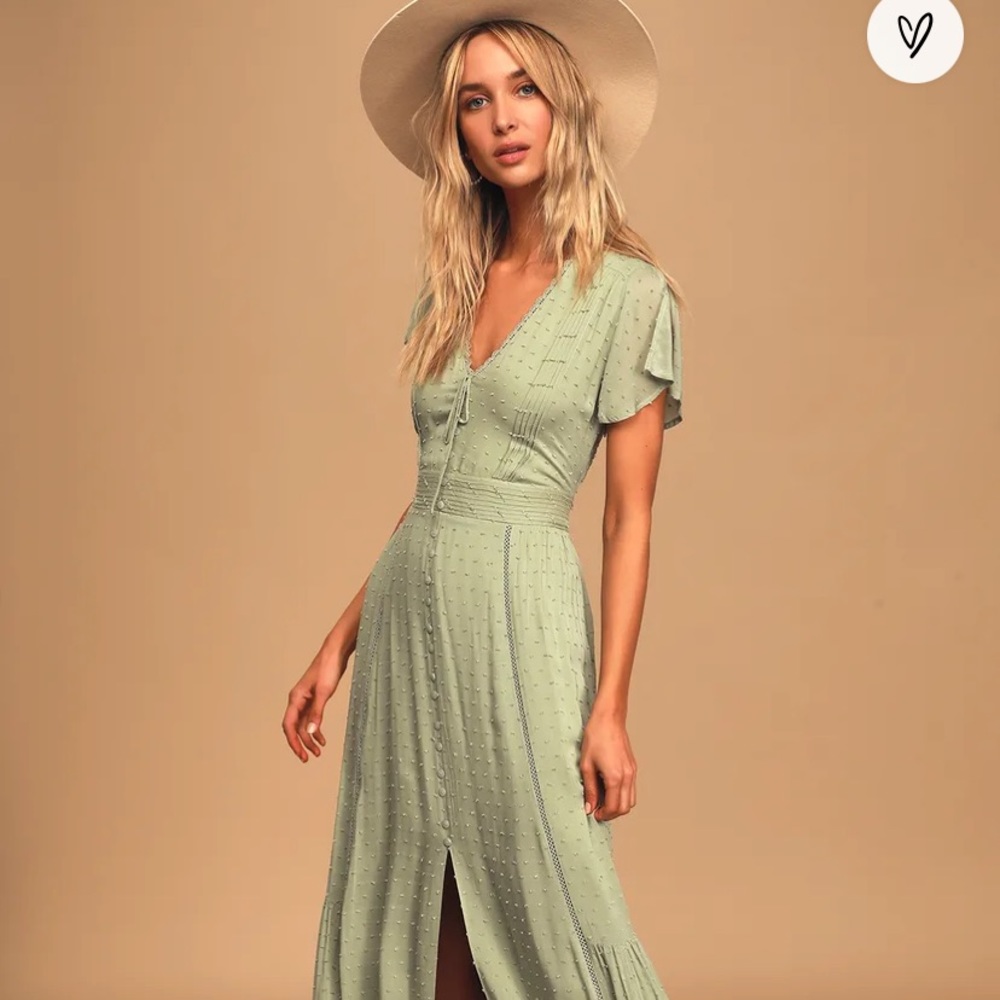 Lulus Completely In Love Sage Green Swiss Dot Button-Front Maxi Dress